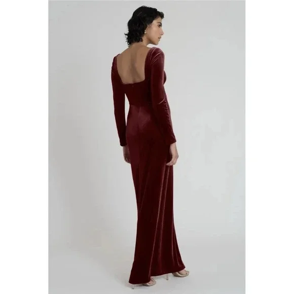 Jenny Yoo Rachel Dark Berry Stretch Velvet Square Neckline Gown‎ Women's Size 2 - Picture 3 of 10
